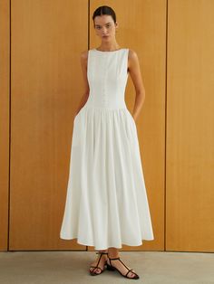 Button-Front Sleeveless Pockets Long Dress Long White Maxi Dress, Casual Chiffon Dress, Wedding Fits, Black Sleeveless Midi Dress, Ladies Style, 2000s Outfits, Fall 24, White Maxi, White Maxi Dresses