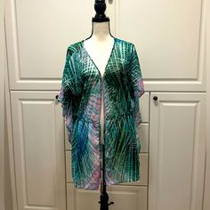 *Received As A Gift And Never Worn But This Is A Gorgeous Sheer Cover Up Size Medium* -Has The Most Unique Drawstring Waist As It Can Be Left Open Or To Cinch Tight (Which Pulls It Back) Just Pull The Beaded Strings On Both Sides With Ease -Bold Tropical Colors -22” Pit To Pit - Beautiful Butterfly Style Sleeves As Pictured - Light As A Feather And Falls Above Knee For Avg Height Green Open Front Top For Beach, One Size Green Top For Beach, Multicolor Open Front Tops For Beach, Sheer Cover Up, Hawaiian Tropic, Butterfly Style, Light As A Feather, Tropical Colors, Swim Cover