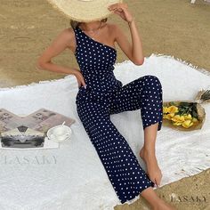 Lasaky - Polka Dot Flared Pants with Single Shoulder Wide Leg Jumpsuit Long Pant Jumpsuit, Jumpsuit Navy Blue, Polka Dot Jumpsuit, Blue Jumpsuit, Off Shoulder Jumpsuit, Shoulder Stretch, Flare Jumpsuit, One Shoulder Jumpsuit, Flare Trousers