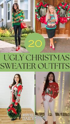 Ugly Christmas Sweaters Women, Light Up Christmas Outfit, Christmas Sweater And Skirt Outfit, Oversized Christmas Sweater Outfit, Ugly Sweater Party Outfit, Cute Christmas Sweater Outfit, Ugly Sweater Outfit Women, Ugly Sweater Outfit Ideas, Ugly Sweater Christmas Party Outfit