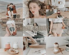 a collage of photos with coffee and people in the background, including a woman holding a starbucks cup