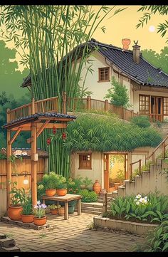 a painting of a house surrounded by bamboo trees and plants, with stairs leading up to the upper level