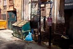 an alleyway with trash cans and old buildings