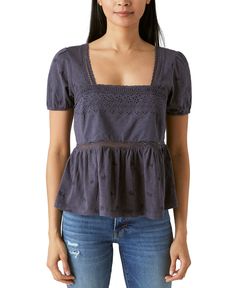 Its square-neck and short sleeves make this Schiffley top from Lucky Brand a great addition to your warm-weather wardrobe| Chic Short Sleeve Cotton Embroidered Top, Cotton Top With Floral Embroidery And Square Neck, Cotton Floral Embroidery Square Neck Top, Square Neck Cotton Top With Floral Embroidery, Cotton Tops With Floral Embroidery And Square Neck, Casual Floral Embroidered Square Neck Top, Casual Floral Embroidery Square Neck Top, Casual Square Neck Top With Floral Embroidery, Casual Fitted Embroidered Top With Short Sleeves