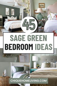 the bedroom has green walls and white bedding with text overlay that reads 45 sage green bedroom ideas