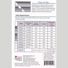 the back side of a sewing pattern for quilts and other garments, with measurements