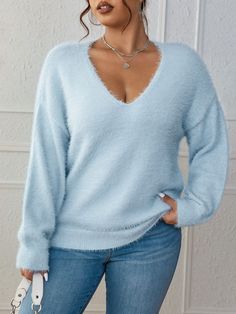 F00262899-113 Fluffy Knit, V Neck Jumper, Fluffy Sweater, Long Sleeve Pullover Sweater, Women Wholesale, Plus Size Sweaters, Knit Jumper, Winter Wear, Plus Size Tops