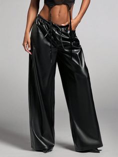 Women's Solid Black Casual/Commute/Afternoon Tea/Concert/Party Wear Leather-Like PU Simple Drawstring Waist Wide Leg Pants, Autumn/Winter Black Casual   Woven Fabric Plain Wide Leg Slight Stretch  Women Clothing, size features are:Bust: ,Length: ,Sleeve Length: Concert Party, Party Kleidung, Sports Trousers, Women Legs, Pantalon Large, Style Streetwear, Girls Pajamas, Inspiration Mode, Kids Sleepwear