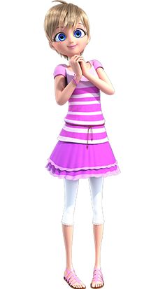 a cartoon girl in a pink and white striped dress with her hand on her chin