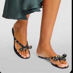 Size 36 Studded Flat Heel Sandals, Studded Flat Heel Party Sandals, Studded Flat Heel Sandals For Parties, Chic Flat Sandals With Studded Rubber Outsoles, Designer Studded Flat Sandals, Chic Black Sandals With Studs, Black Studded Sandals For The Beach, Valentino Garavani Shoes, Valentino Rockstud