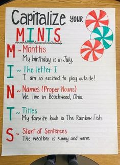 a sign that says capitalize your mints, months and letters in different colors