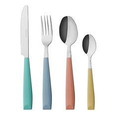 four different colored utensils with spoons and forks