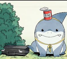 an image of a cartoon shark with a hat on its head and suitcase in the grass