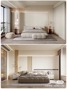 two pictures of a modern bedroom with white furniture