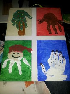 four handprints with different pictures of animals and trees on them, all in various colors