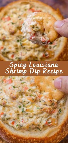 a hand holding a piece of bread with dip in it and the text spicy louisiana shrimp dip recipe on top