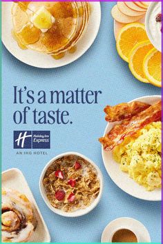 an advertisement with breakfast foods on it and the words it's a matter of taste