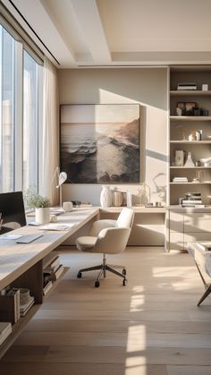 an office with a desk, chair and bookshelf in front of large windows