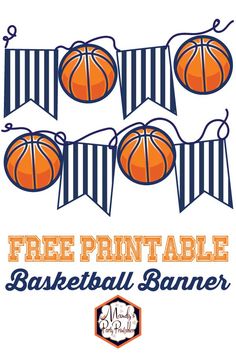 free printable basketball banner with three orange balls hanging from the front and two blue stripes on