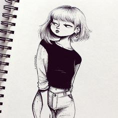 a drawing of a girl with her eyes closed and hands behind her back, standing in front of a spiral notebook