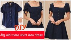 three pictures of different types of clothes with the words diy on them and an image of a woman's dress