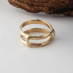 Twig and Branch Ring Guard in Solid Gold by DV Jewelry Designs #anniversay #WeddingBand #GoldRing #RingGuard #GoldBand #EngagementRing #AnniversaryBand #TwigRing #WeddingGift #TwigBand 14k Gold Double Band Anniversary Rings, 14k Gold Anniversary Rings With Double Band, Polished 14k Gold Double Band Ring, Promise Stackable Rings In Recycled Gold, Double Band Yellow Gold Promise Rings, 14k Gold Double Band Ring With Polished Finish, Wedding Rings With Polished Finish And Double Band, Double Band Wedding Rings With Polished Finish, Wedding Double Band Rings With Polished Finish