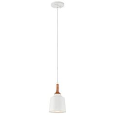 a white light hanging from a ceiling with a wooden beam on the bottom and an orange cord attached to it