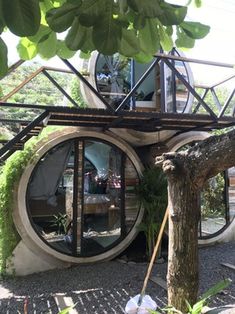 a house made out of two round windows with plants growing on the outside and inside