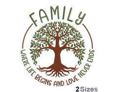 a family tree with the words, where life begins and love ends in two sizes