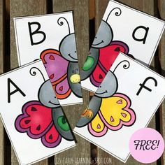 three printable butterfly cards with the letters a, b, and f