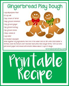 the recipe for gingerbread play dough is shown in green and white with an image of two