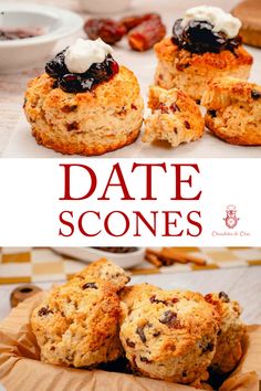 some scones that are sitting on top of a paper bag with the words date scones