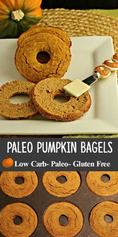 pumpkin bagels on a plate with a knife