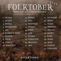 the poster for folktober is shown in front of a foggy mountain landscape