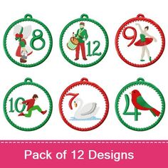 twelve christmas ornament designs with numbers and people