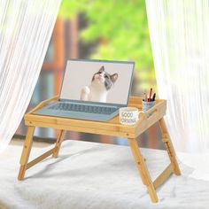 a laptop computer sitting on top of a wooden desk with a cat photo on the screen