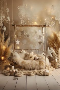 a white bed sitting on top of a wooden floor next to a christmas tree covered in lights