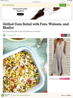 an image of a website page with food items on the front and back pages, including corn salad with feta, walnuts, and shallots