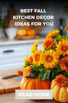 Best fall kitchen decor ideas: vibrant flowers and pumpkins on cutting board. Front Entry Decor, Fall Kitchen Decor Ideas, White Pumpkin Centerpieces, Fall Bathroom Decor Ideas, Vintage Inspired Signs, Top Decor Ideas, Autumn Kitchen, Fall Living Room Decor, Fall Kitchen Decor