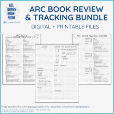 the arc book review and tracking bundle for digital printable files is shown in three different colors