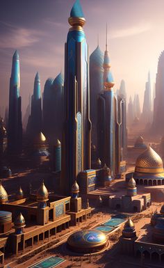 a futuristic city is shown in this artist's impressional painting, with blue and gold accents