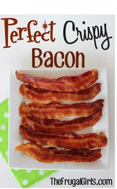 bacon strips on a white plate sitting on a green and white polka dot tablecloth