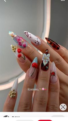 Junk Almond Nails, Nail Designs Extravagant, Nail Page Aesthetic, Virgo Season Nails, Stiletto Junk Nails, Kayli Boyle Nails, Kali Uchis Inspired Nails, Nails With Gemstones, Nail Content Ideas