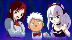 three anime characters standing next to each other in front of a dark blue background with one looking at the camera