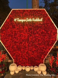 a stop sign covered in red flowers and lite up with the words tampa get married