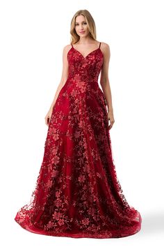 Lace A-line Gown With Fitted Bodice, A-line Prom Gown With Lace Bodice, A-line Gown With Lace Bodice For Prom, Lace A-line Gown With Sweep Train, Red Floor-length Dress With Lace Bodice, A-line Maxi Dress With Floral Embroidery For Wedding, Formal A-line Gown With Floral Embroidery, Floor-length Floral Embroidered Gown, A-line Dress With Lace Bodice