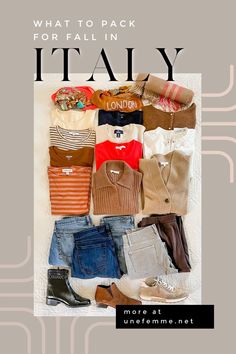 the back cover of what to pack for fall in italy, featuring clothes and shoes