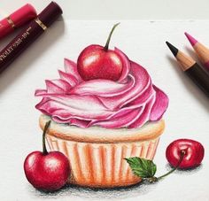 a drawing of a cupcake with cherries on it and two crayons