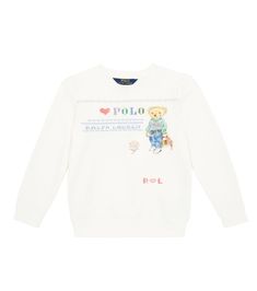 This sweatshirt from Polo Ralph Lauren Kids is made from comfortable fleece-backed jersey. It has a Polo Bear print, colorful embroidered accents, and ribbed cuffs. White Crew Neck Sweatshirt With Embroidered Logo, White Embroidered Logo Crew Neck Sweatshirt, Sporty White Sweater With Ribbed Collar, Winter Fleece Sweatshirt With Embroidered Logo, Sporty Embroidered Crew Sweatshirt, Sporty Cotton Sweater With Embroidered Graphics, Sporty White Sweater With Embroidered Logo, White Embroidered Sporty Sweatshirt, White Graphic Print Long Sleeve Sweats