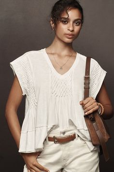 By Anthropologie Smocked Swing Tee Anthropologie Lookbook, Unique Women Tops, Western Top, What A Girl Wants, White Shirts Women, Italy Outfits, Latest T Shirt, Vintage Couture, Clothes Outfit